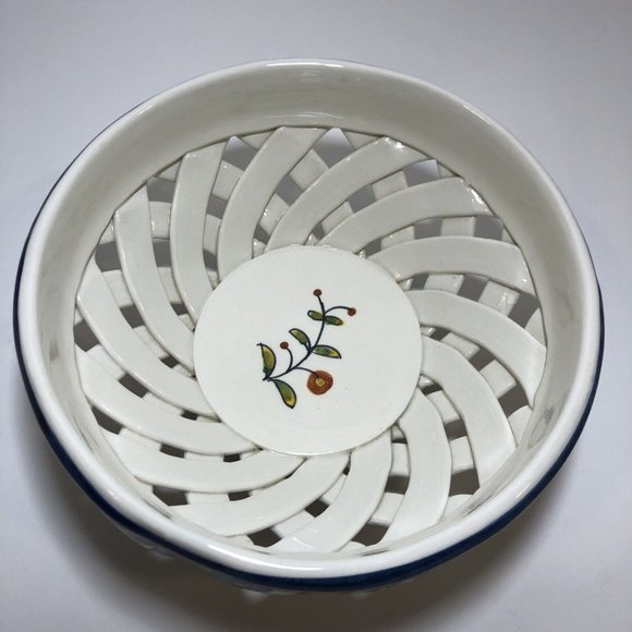 Hand Painted Nazari Pottery Portugal Lattice Weave Centerpiece Bowl Round 8" - Picture 2 of 6